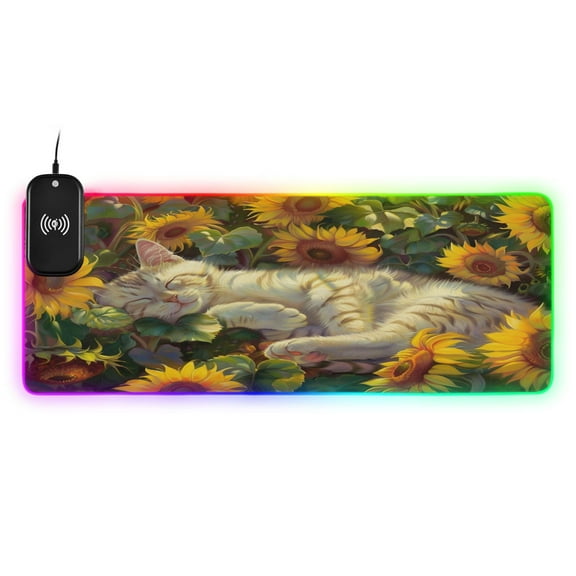 Wireless Charging Mouse Pad Large RGB Gaming Desk Mat 13 Light Modes Mousepad 31.5x11.8 Cat Sleeping in Sunflowers