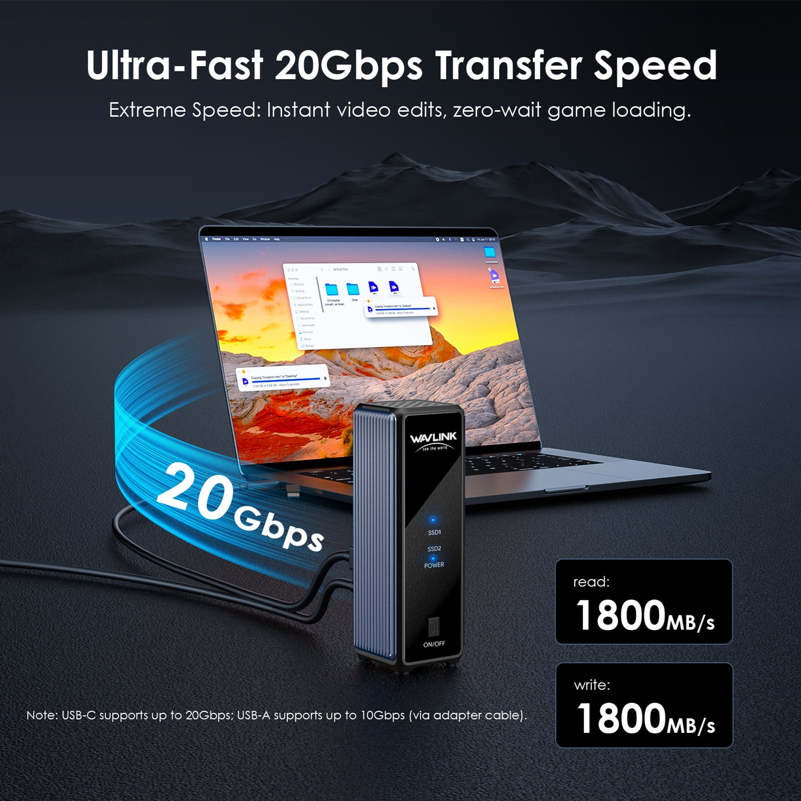 WAVLINK M.2 NVMe SSD Enclosure (Dual Bay), SSD Case with USB3.2 Gen 2x2 20Gbps, Supports 2x NVMe SSDs up to 16TB (8TB Each), RAID 0 for Windows/Mac/Android (Phone OTG is Required)