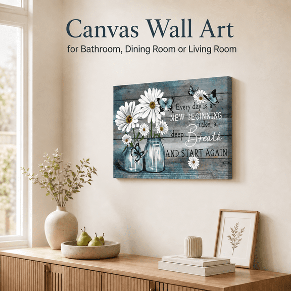 MORAVE 16x12 Inch Blue Daisy & Butterfly Canvas Wall Art, Inspirational Floral Poster Print, Rustic Farmhouse Decor for Bedroom Bathroom