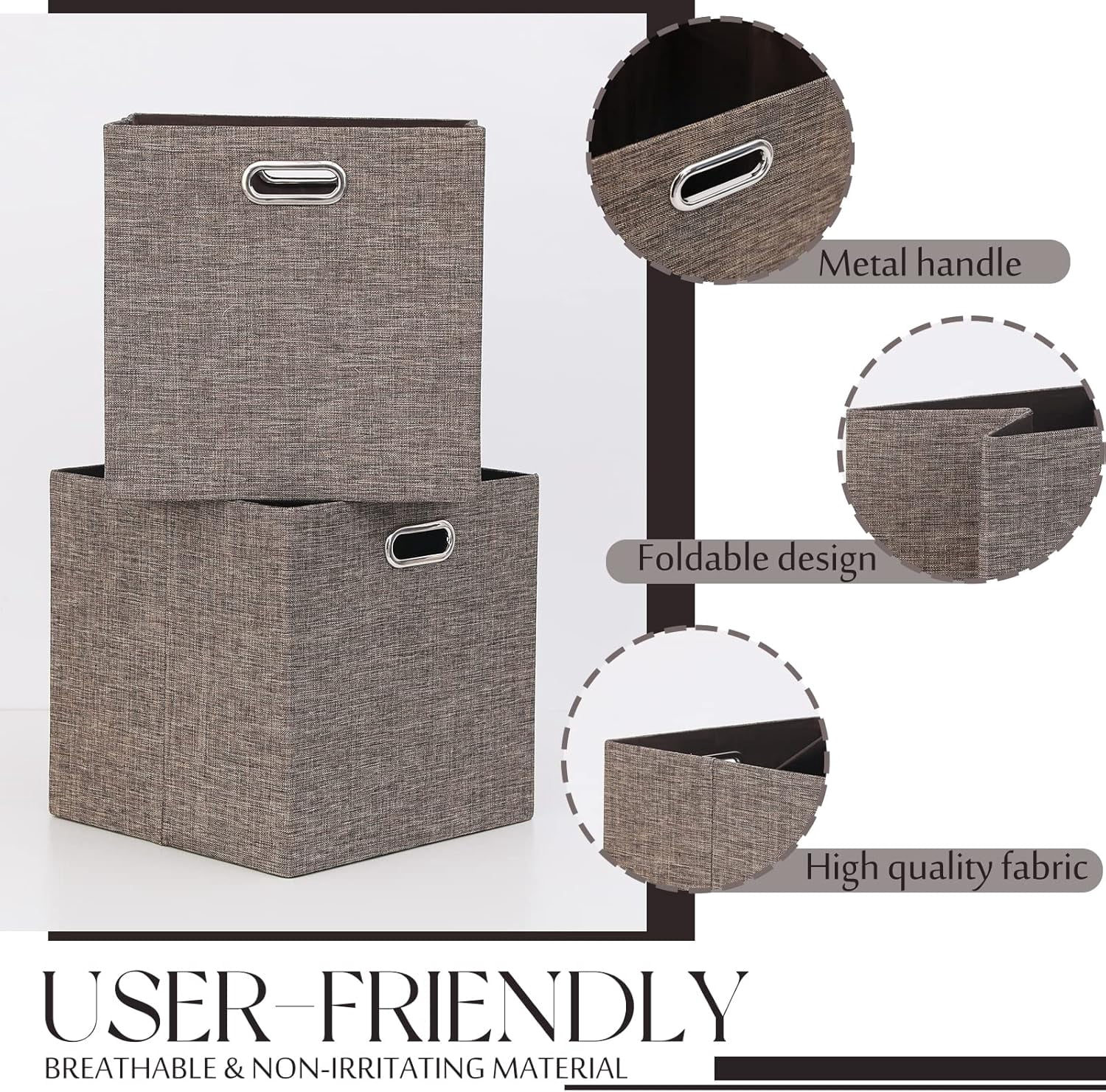 Cube Storage Bins 13×13 Linen Foldable Box with Handles, Collapsible Organization Basket Set of 4 Large Capacity Drawer for Closet Shelf Cabinet Bookcase Bedroom, Coffee