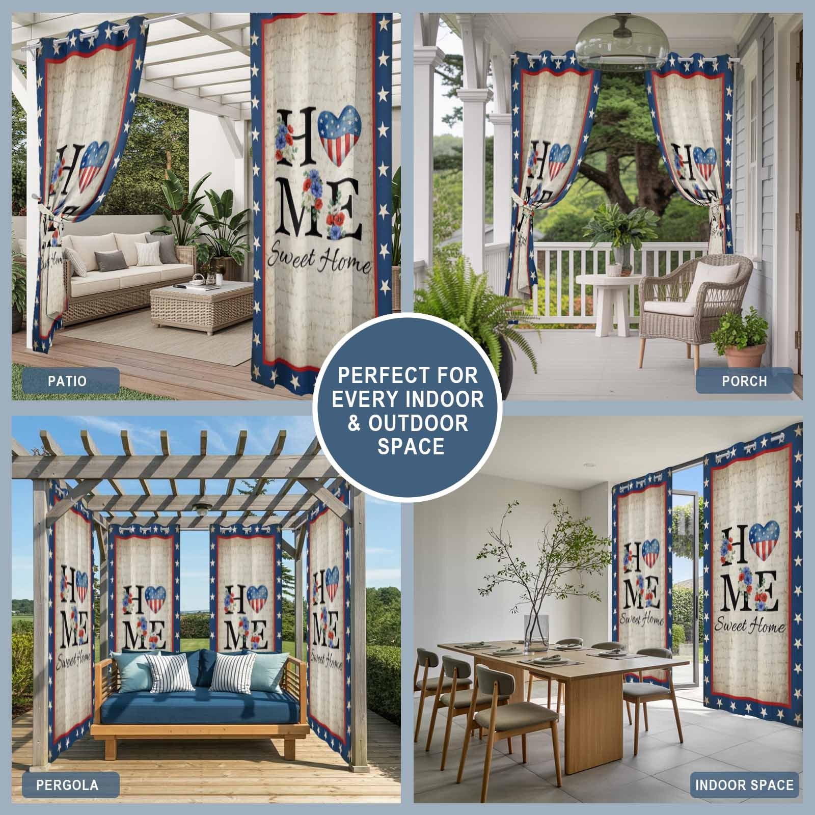 4th of July Outdoor Curtains for Patio, Home Sweet Home Blue Stars Floral Usa Flag Vintage Sunshade Privacy Drapes Grommet Waterproof Outside Curtains for Porch/Cabana/Balcony 54"x 108", 1 Panel