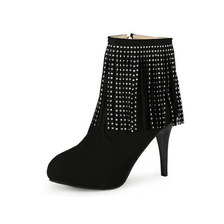 

Kesitin Women Anti-Slip Pointed Toe High Heels Work Casual Heeled Booties Comfort Tassel Fringe Boot Black 5.5
