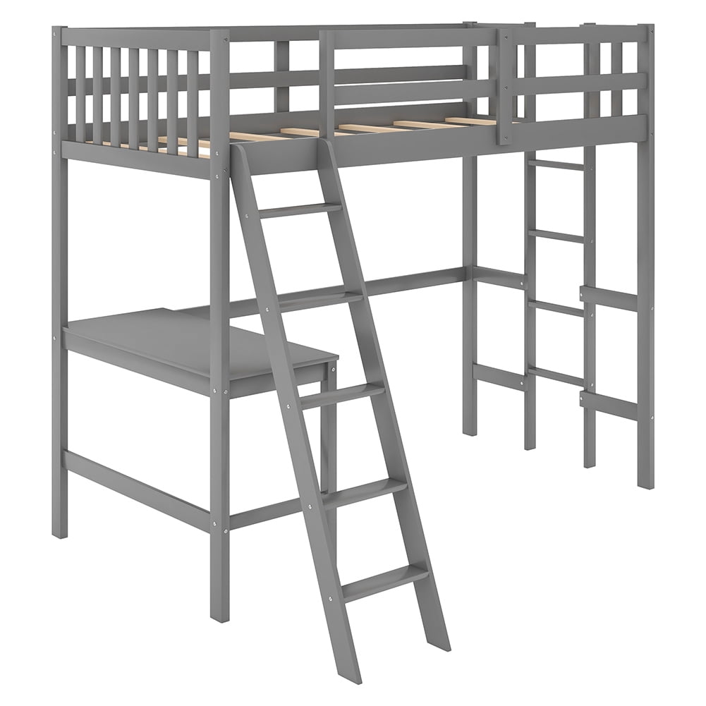 Kadyn Wood Loft Bed with Desk and Two Ladders, Twin Size Bunk Bed(Gray) Kadyn Wood Loft Bed with Desk and Two Ladders, Twin Size Bunk Bed(Gray)