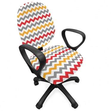 Chevron Office Chair Slipcover, Retro Chevron Pattern Abstract Waves Happiness Contrasting Colors Creativity, Stretch Decorative Fabric Cover, Standard Size, Grey Marigold Red, by Ambesonne