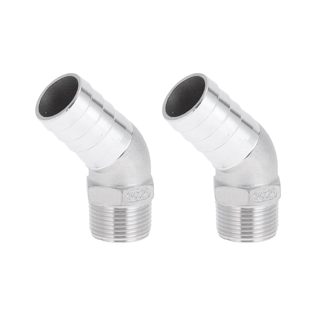Accesorios de manguera con espiga de acero inoxidable 304 Unique Bargains 63/64" OD 3/4" BSPT codo de 45 grados para aire, agua, aceite, gas, combustible, 2 piezas tono plateado