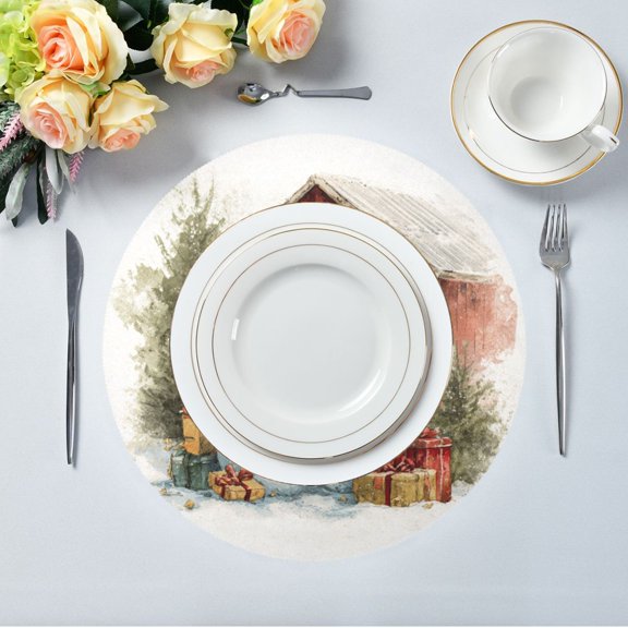 15.4" Round Placemat Set of 1 Polyester Fabric Place Mats Non-Slip Dining Kitchen Table Mats for Kitchen Party Decor Watercolor Clipart Snowmen