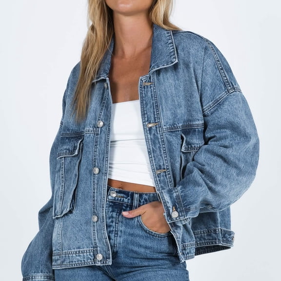 RDKTPXZ Women's Oversized Denim Jacket, Button Front Long Sleeve Casual Jean Coat