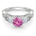thumbnail image 2 of Gem Stone King 925 Sterling Silver Pink Created Sapphire and White Moissanite Engagement Ring for Women (1.47 Cttw, Gemstone September Birthstone, Round 6MM and 3MM, Size 7), 2 of 4