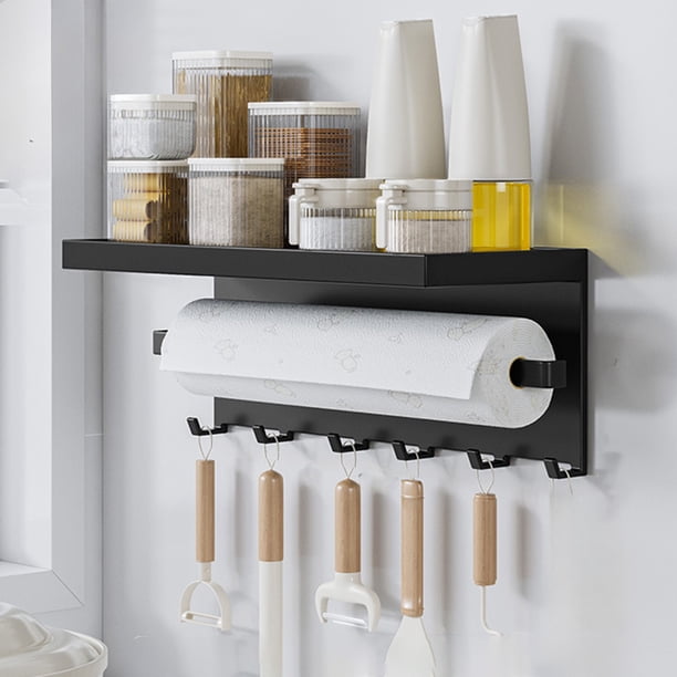 Magnetic Refrigerator Side Storage Rack | Multifunctional Iron Kitchen Organizer Shelf with Towel Bar & Hooks | White | Strong Magnet | Space Saving for Spices, Utensils | 25x10x11.5cm - 1 Pc