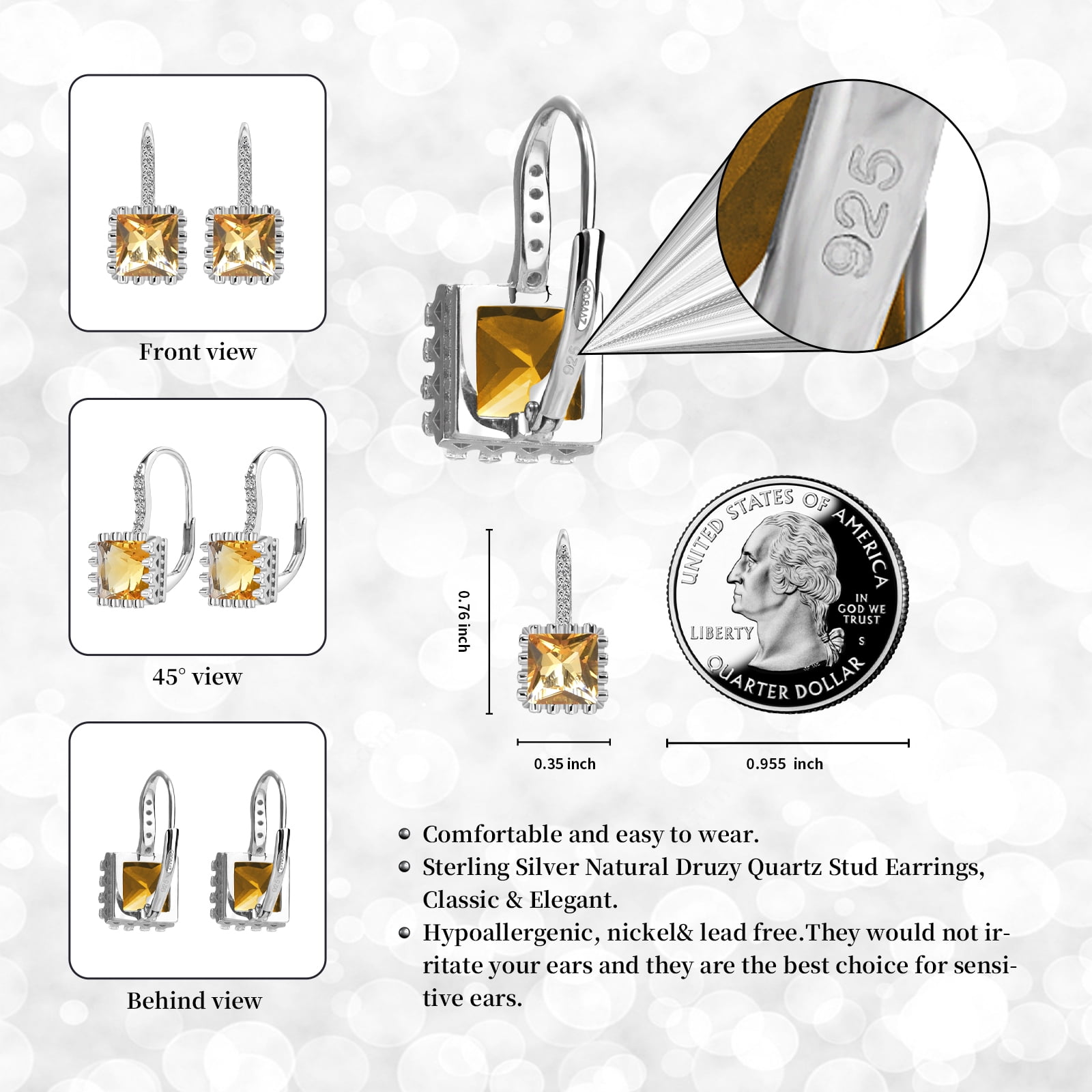 925 Sterling Silver Lever Back Earrings with Princess Cut Cubic Zirconia for Women