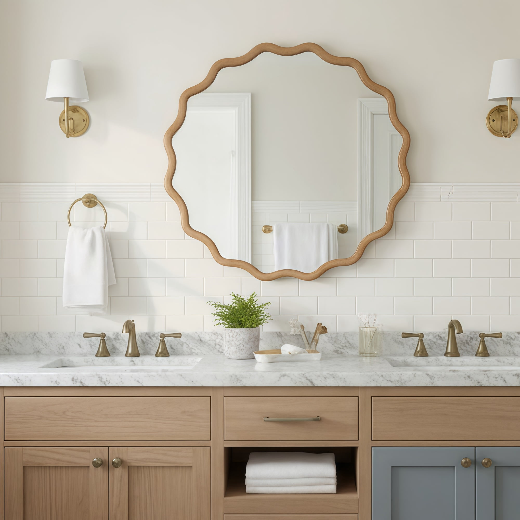 Leumius 36" Wavy Round Mirror, Solid Wood Frame Decorative Mirror for Bedroom Bathroom Living Room Entryway Natural