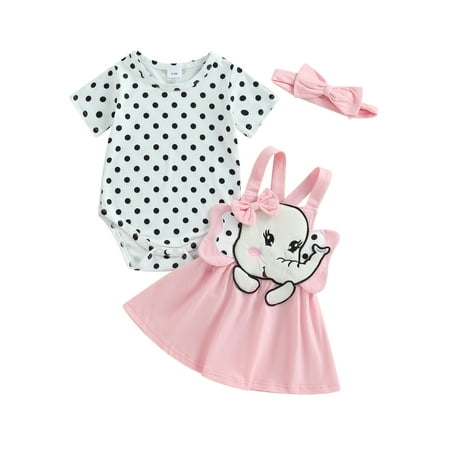 

TFFR 3Pcs Baby Girls Skirt Set Cute Elephant Suspender Skirt Short Sleeve Dots Romper Headband 0-18M