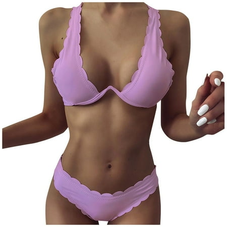 

VKEKIEO Two-Piece Sets Swimsuit Sport Bra Style Padded Purple L