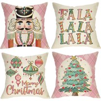 Merry Christmas Tree Nutcracker Decorative Throw Pillow Covers 20 x 20 Set of 4, Pink Xmas FA La La Porch Outdoor Home Decor, Ornaments Winter Holiday Party Decorations Cushion Case
