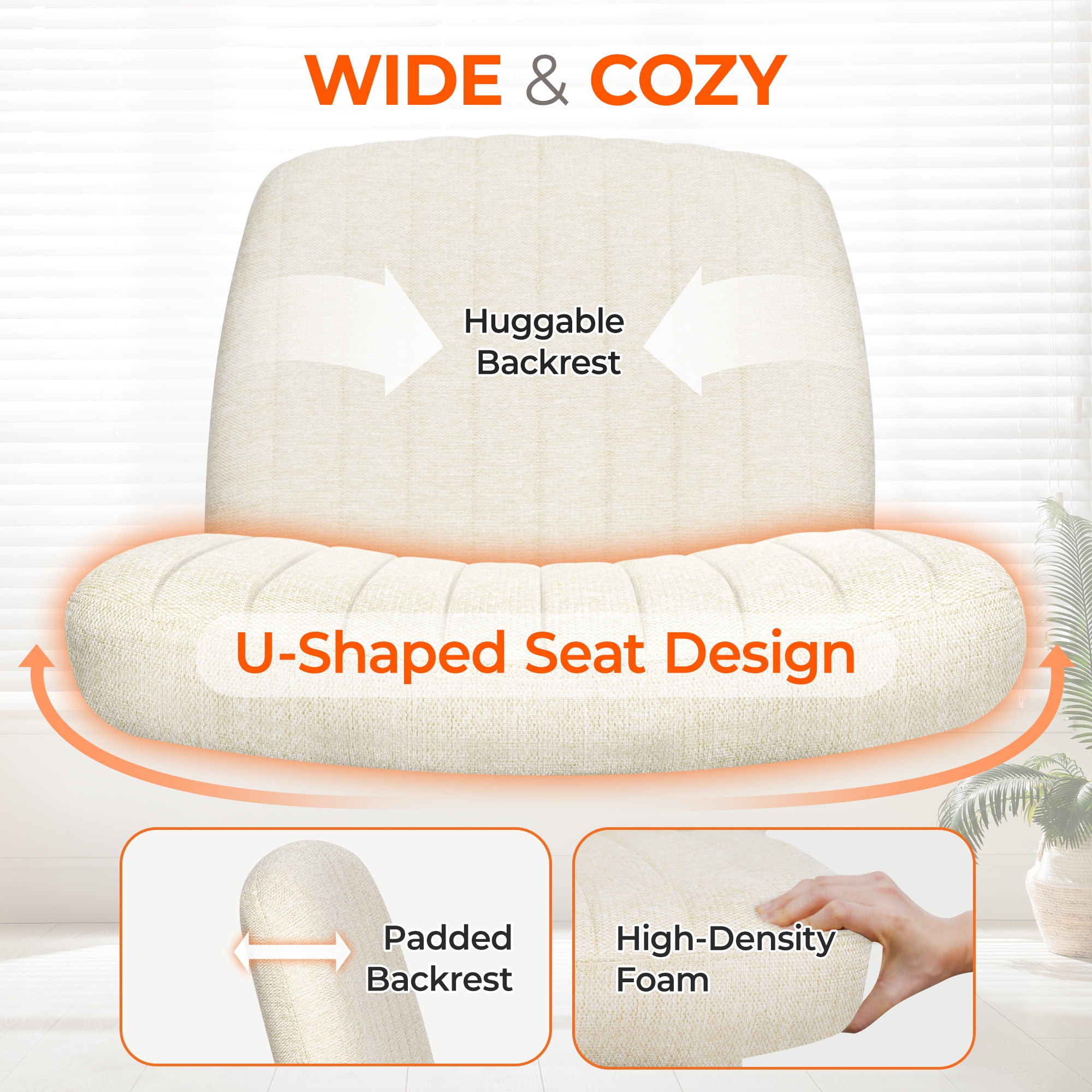 Orange Factory Criss Cross Chair Wheels Wide Cross Legged Office Desk Vanity Chair Comfy Fabric Armless Adjustable Swivel for Home Computer Task (Beige Wheel, Fabric)