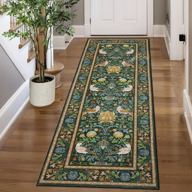 Garvee 2'x6' Floral Animal Print Runner Rug Washable Rugs, Low Pile Stain Resistant Rug Botanical Bird Soft Carpet for Hallway Bedroom Kitchen, Green