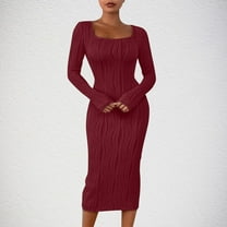Great Gifts for Less Ofreoo Women's Solid Color Long Sleeve Neck Slim Slit Dress Long Sleeve Neck Mid-Calf Dress Fall Outfits for Women 2024
