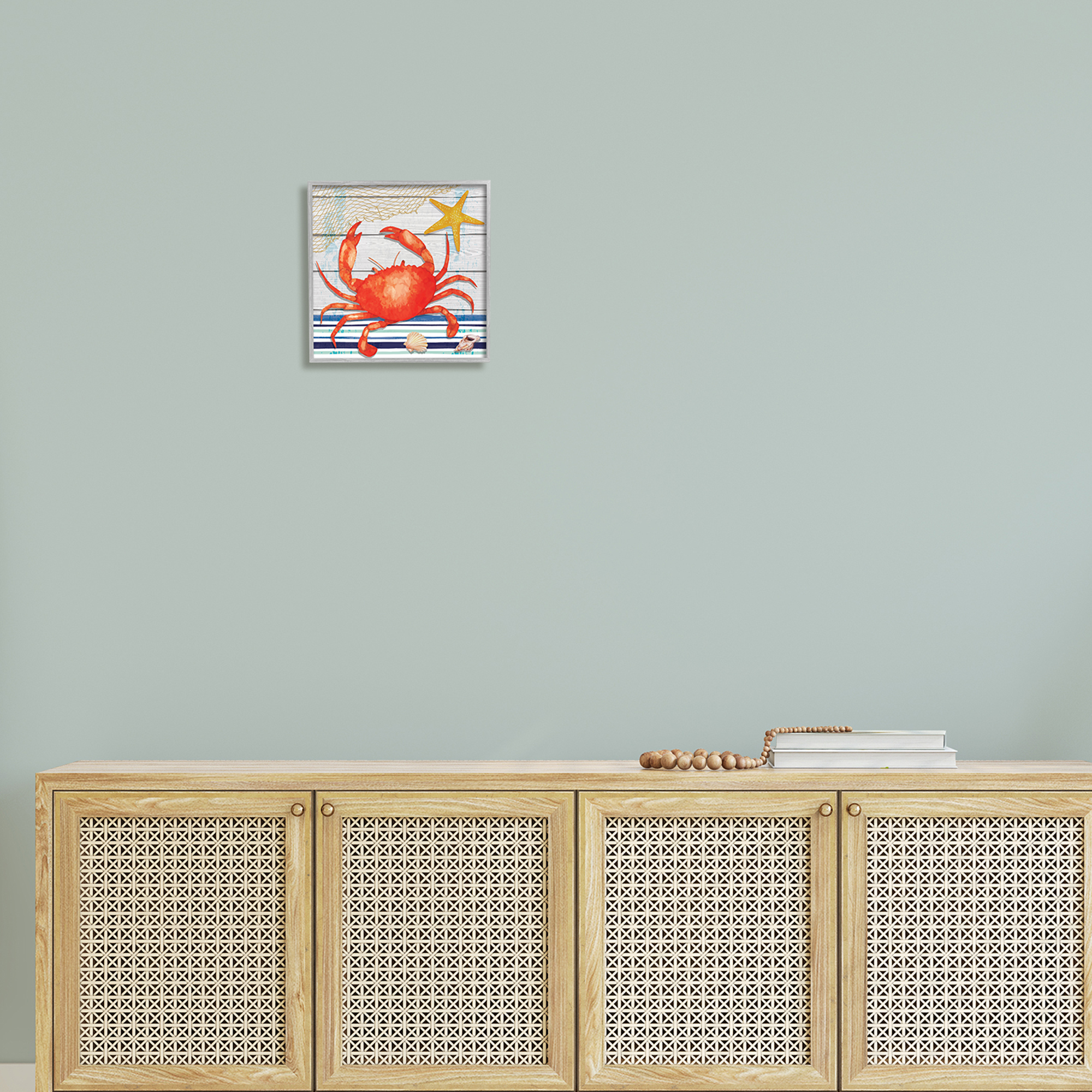 Stupell Nautical Striped Red Crab Sea Life Landscape Painting Gray Framed Art Print Wall Art