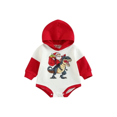 

Liliz Infant Baby Christmas Romper Santa Claus Dinosaur Print Long Sleeves Hood Jumpsuit 0-24 Months