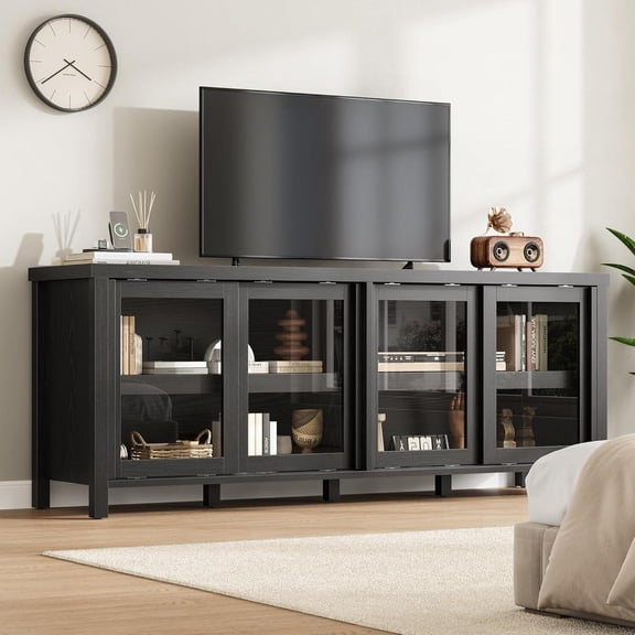 TV Stand for 65 Inch Entertainment Center with Storage Cabinet and 4 Sliding Glass Doors Mid Century Modern Media TV Console Table for Living Room Bedroom Black