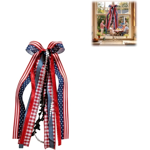 Large Patriotic Star Ribbon Bow for Wreath, Red White Buffalo Plaid Fabric Ribbons Set For Patriotic Indoor Outdoor Decor(RL)