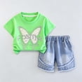 thumbnail image 5 of Hrsba Cute Little Girl Outfits Short Sleeve Crew Neck Tee And Elastic Waist Pearl Decor Denim Shorts Two Piece Set, 5 of 6
