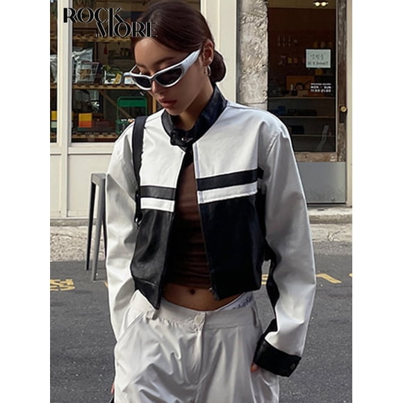 Rockmore PU Leather Jackets Streetwear Black White Contrast Autumn Fashion Cropped Coat for Women y2k Casual Zipper Outerwear