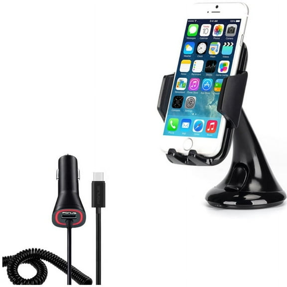 Windshield Dash Car Mount w Power Type-C Quick Charger P8W for Acer Liquid Jade Primo - Alcatel PulseMix, 7, Idol 5S 5 4S - ASUS Zenfone V Live, ROG Phone, AR 6 5z 4 Pro - Blackberry Motion