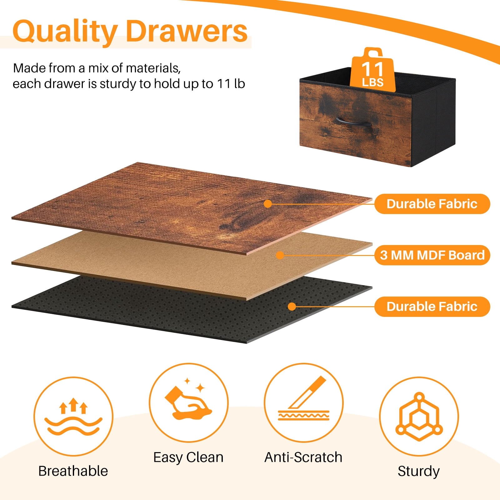 Atilioo 5 Drawer Dresser, Fabric Storage Chest with TV Stand, Open Shelf, Adjustable Feet, Bedroom or Living Room, Brown