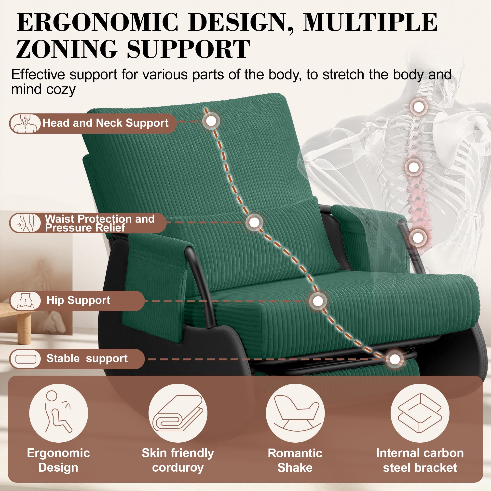 Primy Nursery Rocking Chair, Low-Seat Glider Chair, Upholstered Rocking Accent Chair Recliner with Side Pocket and Foot Rest for Mom Nursery Living Room Bedroom