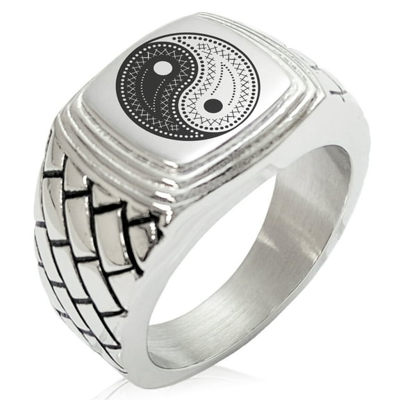 Stainless Steel Paisley Yin Yang Geometric Pattern Step-Down Biker Style Polished Ring