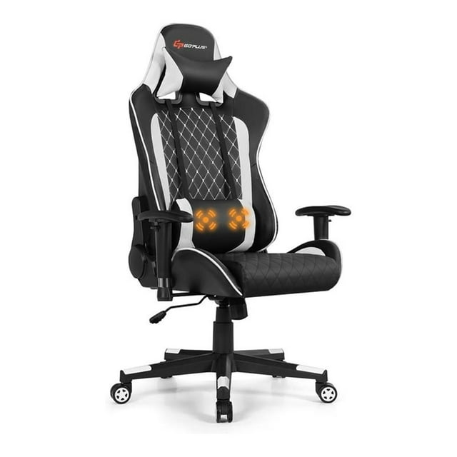 Pemberly Row PU Metal Massage Gaming Chair w/ Lumbar Support & Headrest in White