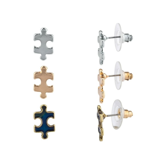Lux Accessories Goldtone Silvertone Puzzle Pieces Stud Earrings Set of 3 Pairs