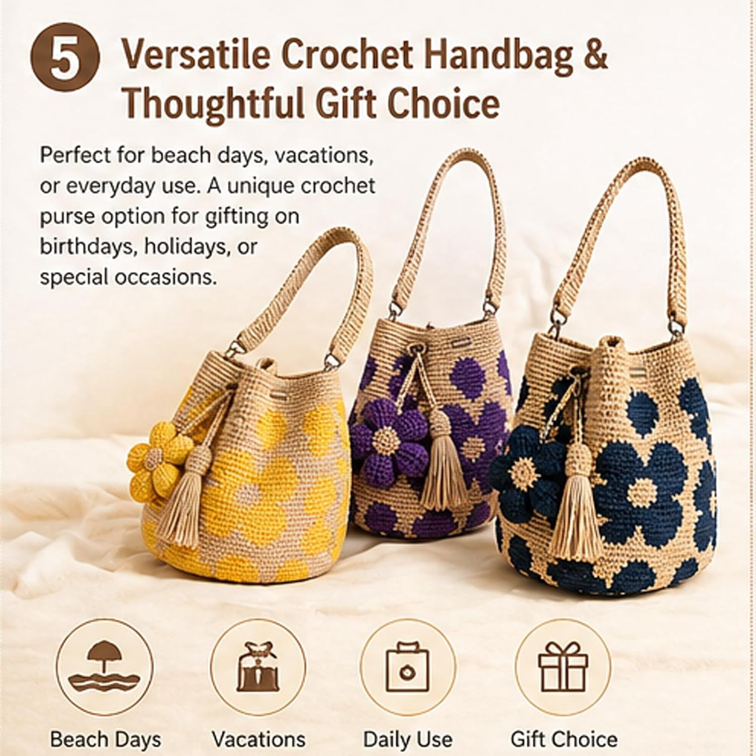Handmade Crochet Flower Tote Bag for Women, Boho Floral Knit Shoulder Bag, Lightweight Crochet Purse with Tassel Charm