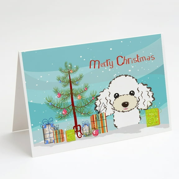 Christmas Tree and White Poodle Greeting Cards and Envelopes Pack of 8