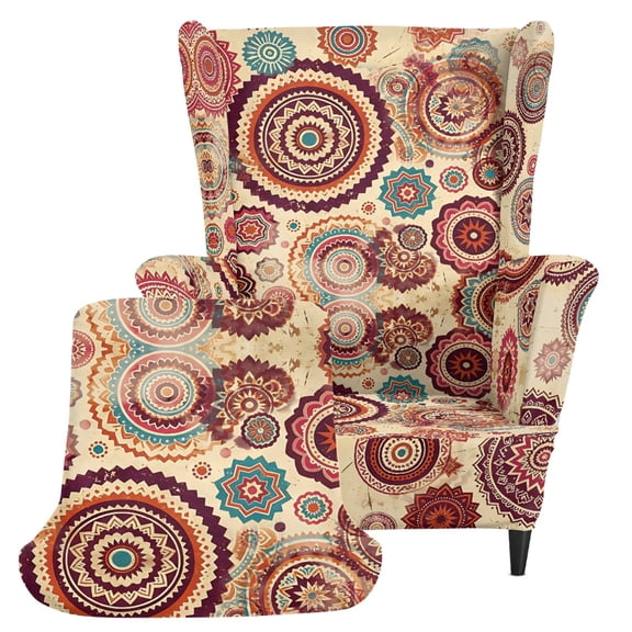 HELLHERO 2 Piece Stain Resistant Wingback Chair Slipcover, Vintage Mandala Pattern Polyester Non-slip Wingback Chair Cover for Office Living Room