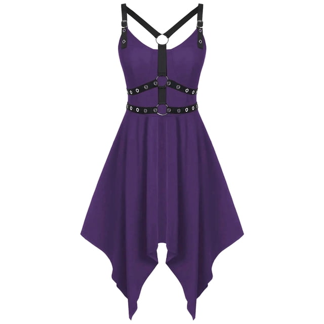 LSLJS Robe Punk Gothique pour Femme Style à Bretelles Sans Manches Épaules Dégagées Robe Mi-Longue, Robe Gothique