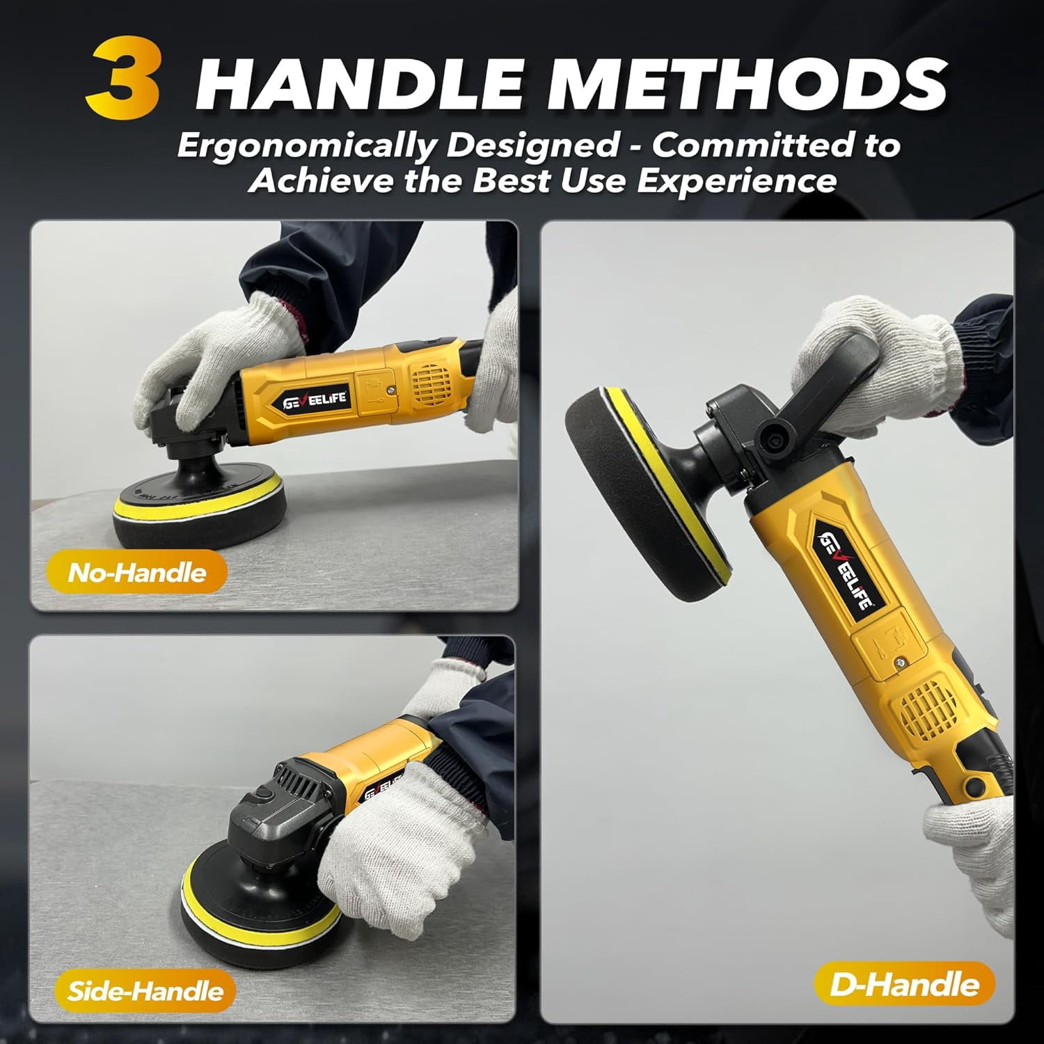 GEVEELIFE Buffer Polisher, 6 Inch/7 Inch 1600W Rotary Car Buffer Polisher Waxer, 7 Variable Speed 1000-3500 RPM, Detachable Handle for Car, Boat Sanding, Polishing, Waxing(Yellow)