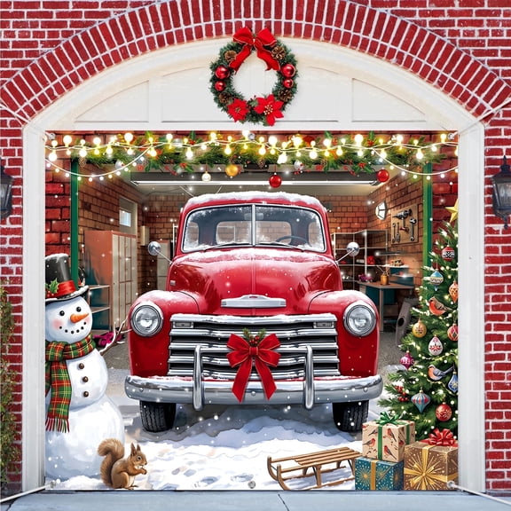 8x7ft Red Bow Truck Snowman Tree Christmas Garage Door Cover