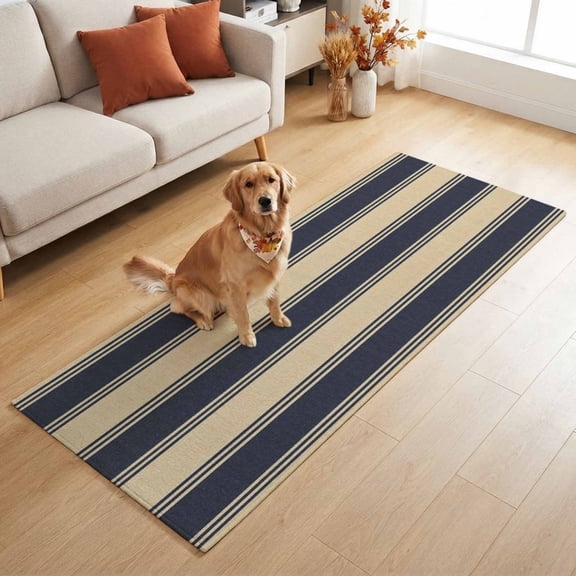 Rectangle Rug 2x6ft, Navy Blue Beige Striped Soft Non-Slip Washable Felt Carpet Pad, Modern Minimalism Area Rugs for Living Room Bedroom Kids Room