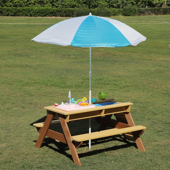 CQSXDA Versatile Wooden Kids Picnic and Sand Water Table with Umbrella for Outdoor Activity in Your Patio Area