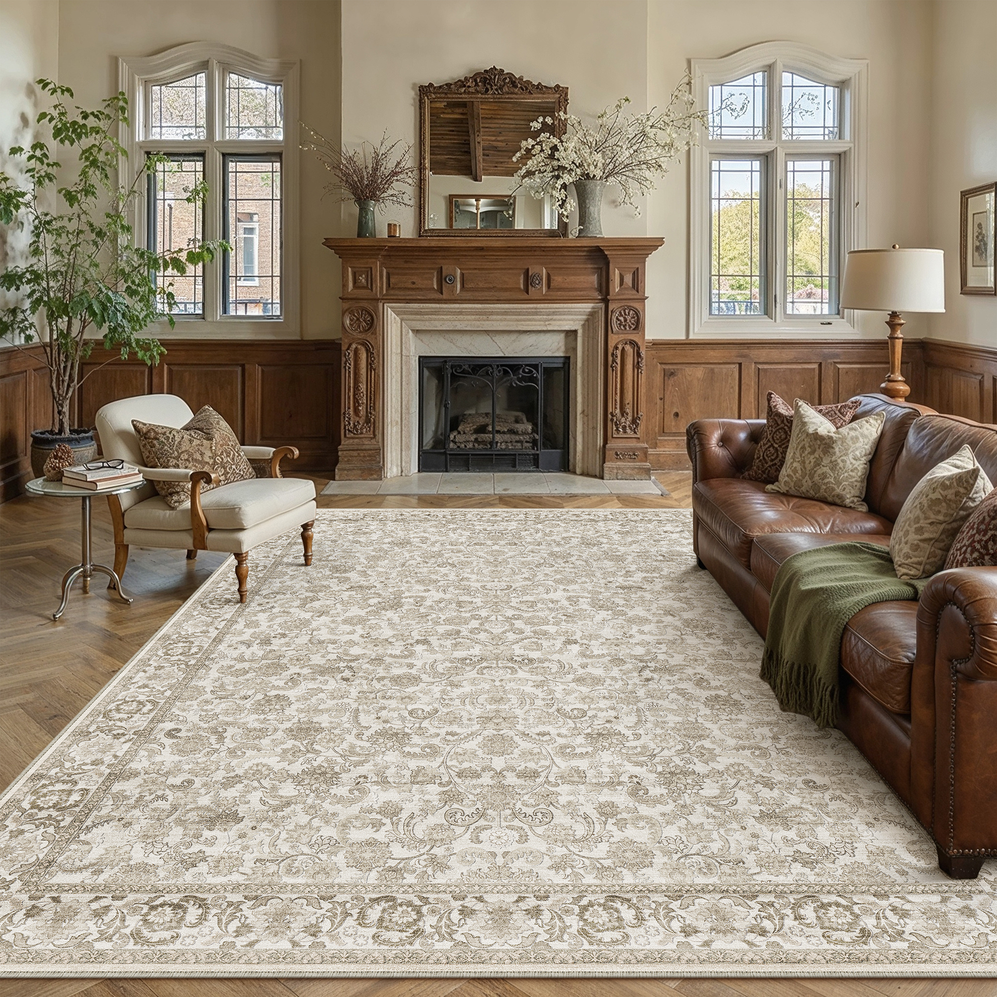 BERTHMEER Vintage Brown Large Area Rugs 8βx10' Clearance for Living Room Bedroom Office Dining Room Farmhouse Non Slip Washable Oriental Floral Traditional Distressed Rugs Carpets