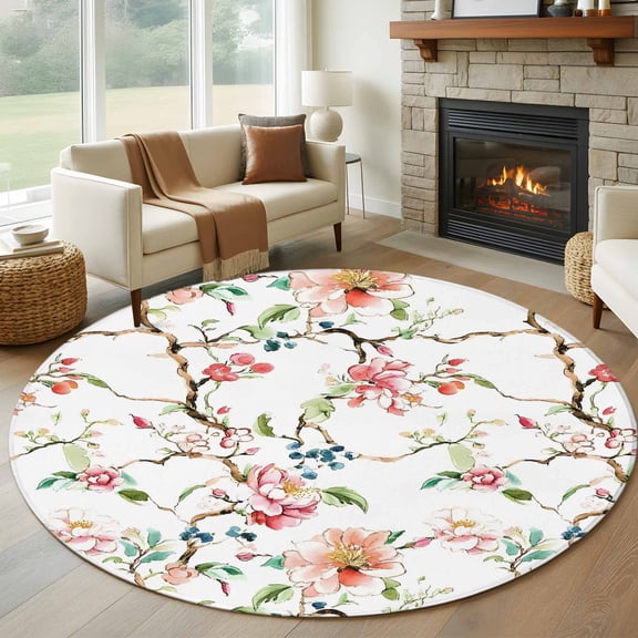 Round Area Rug 7 Ft, Pink Green Botanical Washable Non-Slip Circle Carpet for Living Room/Bedroom, Summer Watercolor Branch Flower Low-Profile Large Runner Mat Collection Rugs for Indoor