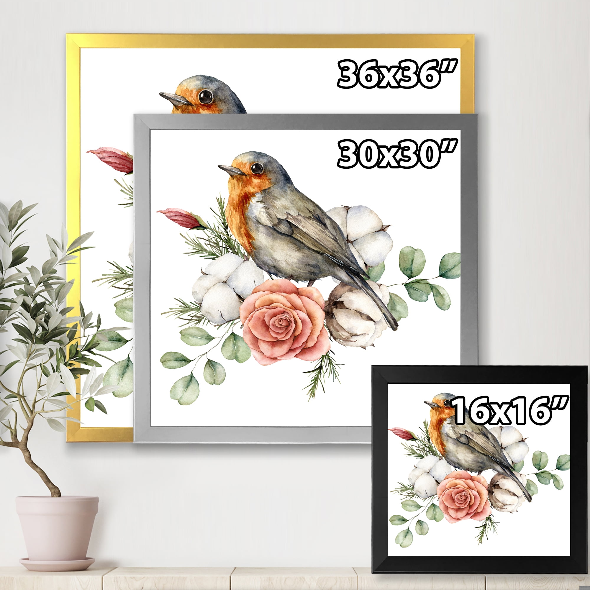 Designart 'Cotton Rose and Leaves With Robin Redbreast' Traditional Framed Art Print
