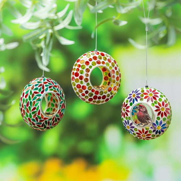 6"D Mosaic Glass Fly Through Bird Feeder, Rainbow Portal