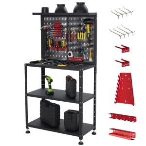 32" Adjustable Garage Workbench with Tool Organizer,Industrial Metal Work Table with Shelves,Tool Holders and Leveling Feet for Uneven Floors 32" Workbench with Pegboard,Heavy-Duty Steel Workbench Org
