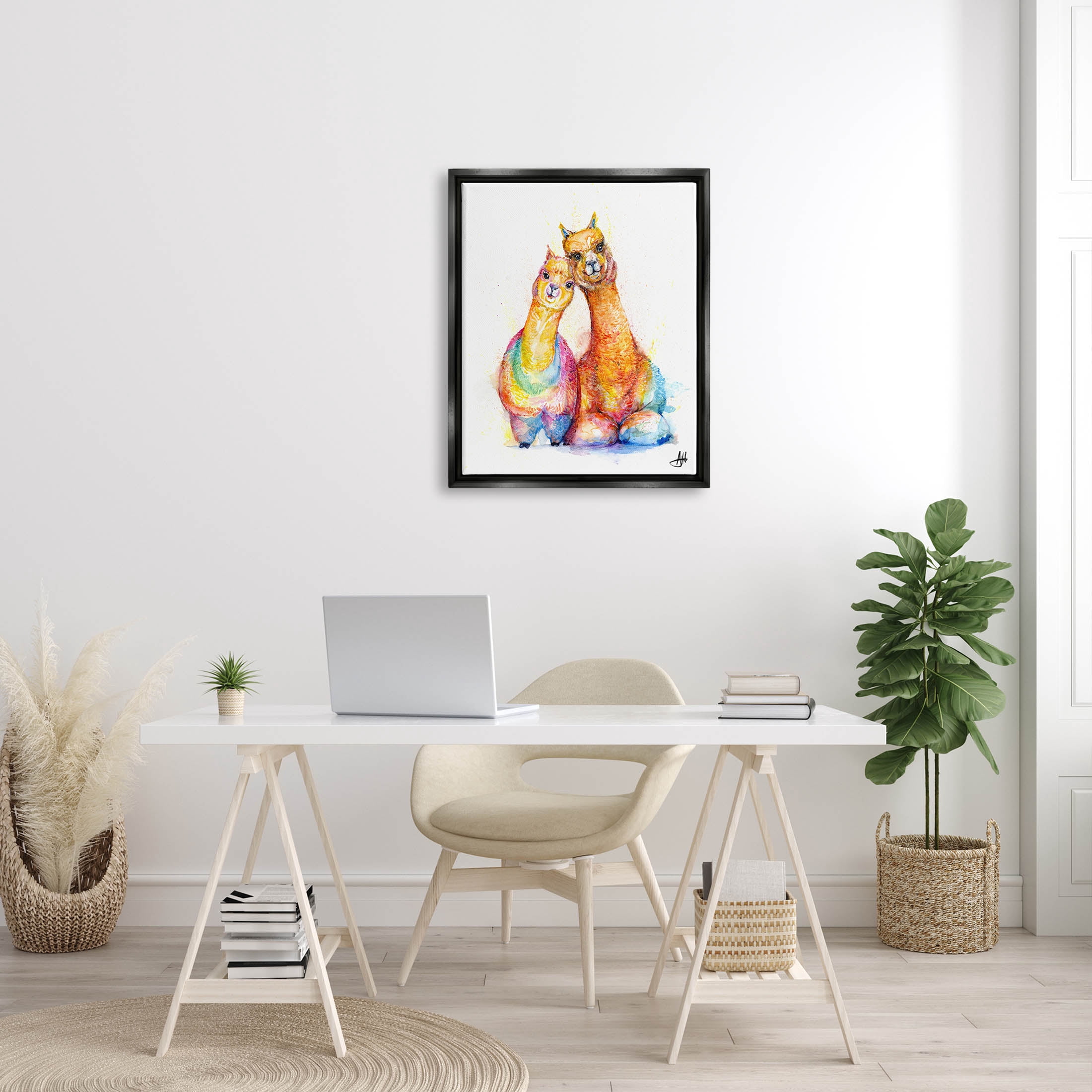 Smiling Alpacas Rainbow Animals Animals & Insects Graphic Art Jet Black Framed Art Print Wall Art