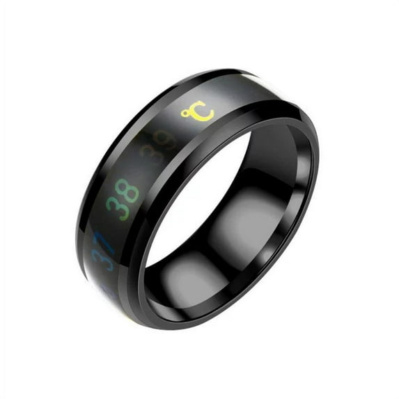Maynos 8mm Titanium Steel Monitor Ring Digital Thermometer Body Temperature Sensative Color Changing Wedding Band Couple Lovers Ring, Size 9-13 Black