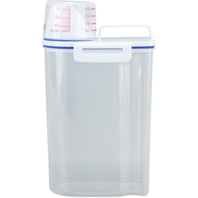 HUGFEGWE Rice Storage Container, Plastic Rice Dispenser Bin with Measuring Cup, Airtight Grain Dispenser with Claer Scale, Clear Kitchen Food Dispenser for Rice, Beans, Grains, Small Dry CA919-108020