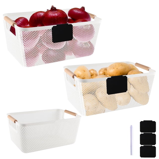 Cestas de almacenamiento de cebolla y patata, juego de tres cestas apilables de plástico con mango de madera, organizadores multifuncionales para coci